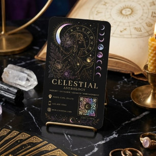 Celestial Astrology Luxury Black Gold QR Business Card
