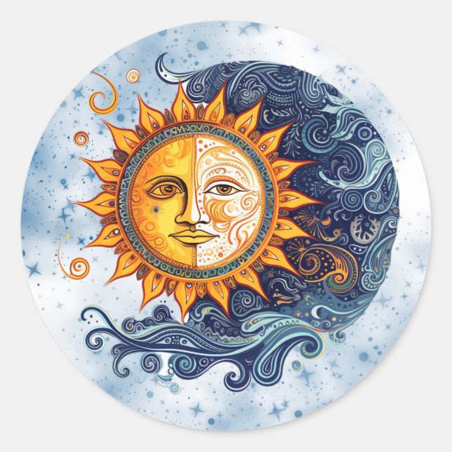 Celestial Astronomy Yellow Blue Sun Wedding Classic Round Sticker (Front)