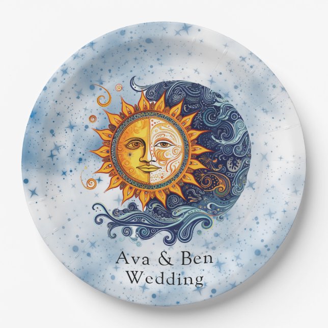 Celestial Astronomy Yellow Blue Sun Wedding Paper Plate (Front)