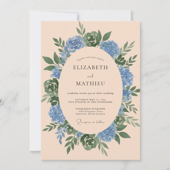 Celestial Azure Olive Wreath Wedding Invitation (Front)