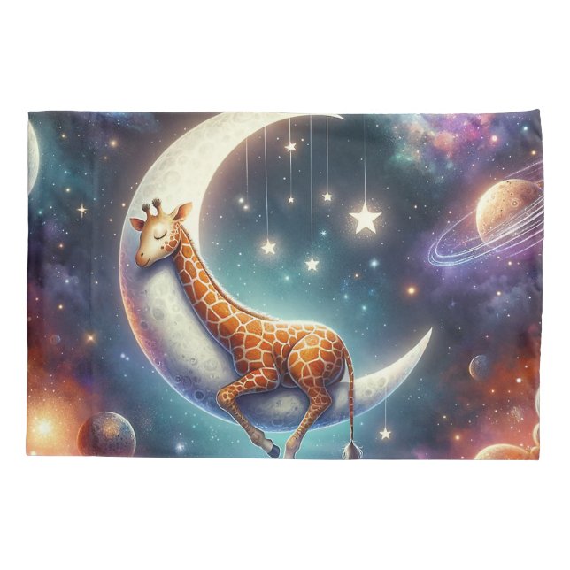 Celestial Baby Giraffe Sleeping on Moon & Stars Pillowcase (Back)