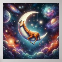 Celestial Baby Giraffe Sleeping on Moon & Stars