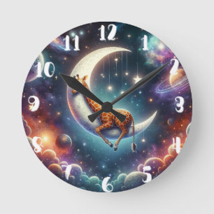 Celestial Baby Giraffe Sleeping on Moon & Stars Round Clock