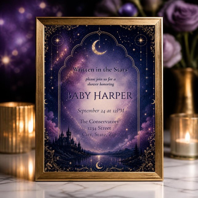 Celestial Baby Shower Invitation | Moonlit Castle (Dreamy celestial baby shower invitation with moonlit castle, purple galaxy sky & elegant gold accent)
