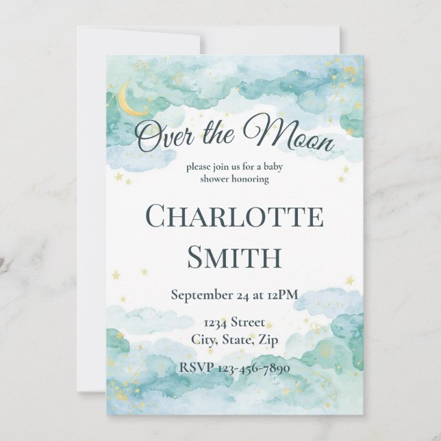 Celestial Baby Shower Invitation | Watercolor Moon (Front)