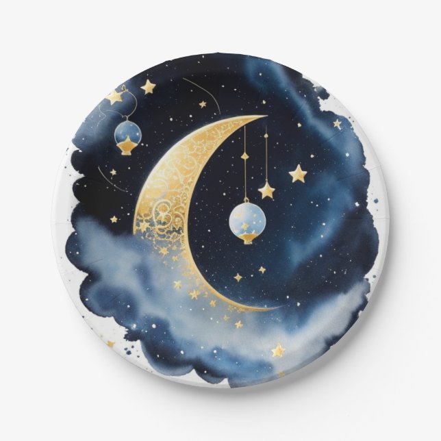 Celestial Baby Shower Moon & Stars Watercolor Paper Plate (Front)