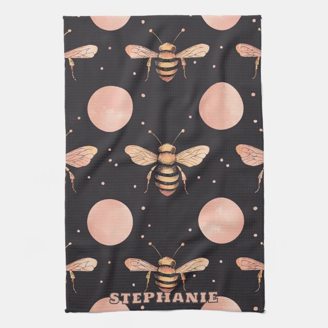 Celestial Bee and Full Moon Seamless Pattern Kitchen Towel (Vertical)