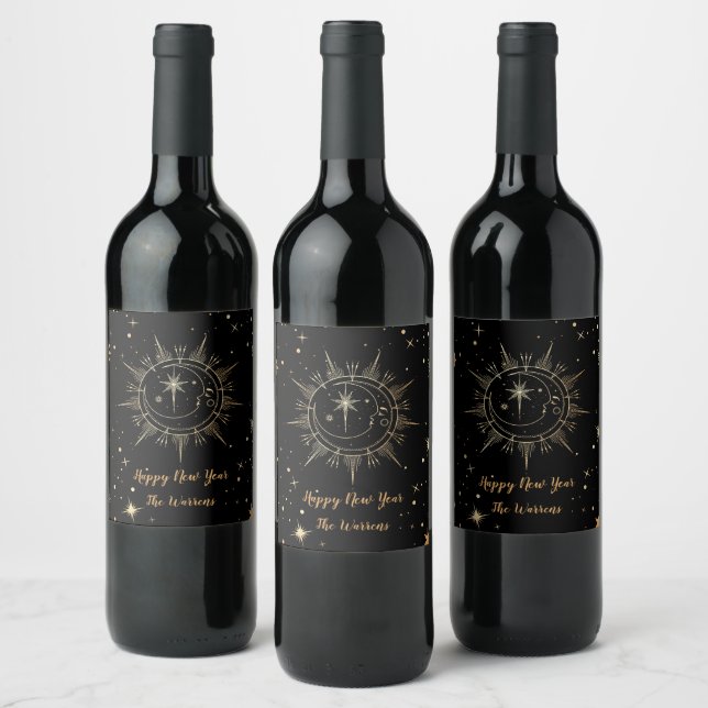 Celestial Black and Faux Gold Moon Sun Name Wine Label (Bottles)