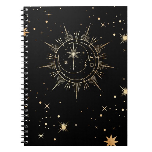Celestial Black and Faux Gold Moon Sun Stars Notebook (Front)