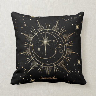 Celestial Black and Gold Moon Sun Stars Throw Pillow