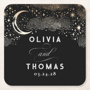 Celestial Black and Gold Mystical Wedding Square Paper Coaster