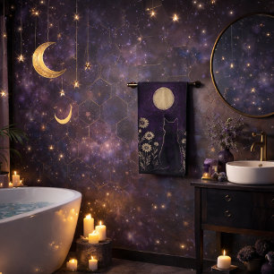 Celestial Black Cat Floral Purple Bath Towel Set
