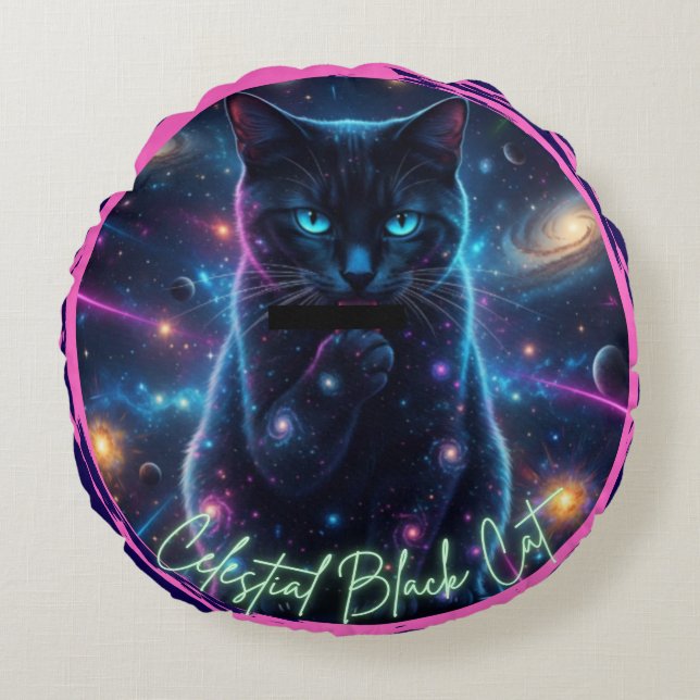 Celestial Black Cat Round Pillow (Front)