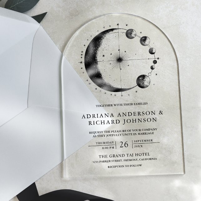 Celestial Black Crescent Moon Phases Wedding Acrylic Invitations (Creator Uploaded)