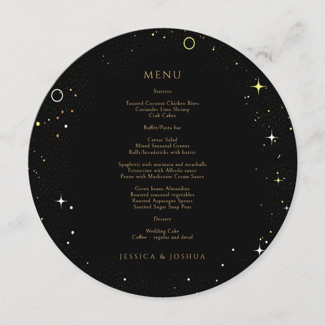 Celestial Black Galaxy Star Dust Wedding Round Menu (Front)