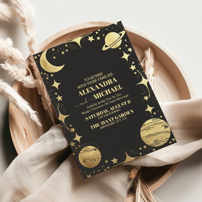 Celestial Black Gold Crescent Moon Wedding Invitation (Creator Uploaded)