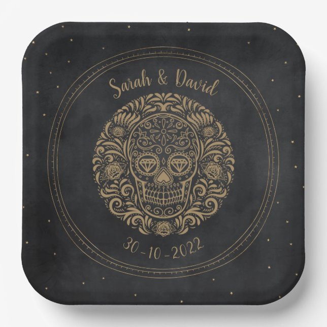 Celestial Black Gold Floral Skull Gothic Halloween Paper Plate (Front)