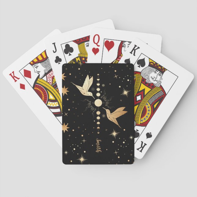 Celestial Black Gold Hummingbird Moon Phases Name Playing Cards (Back)