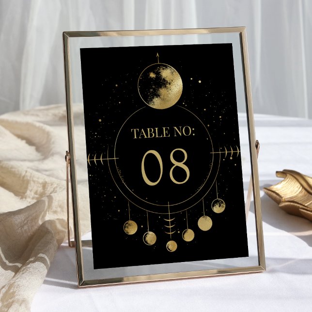 Celestial Black Gold Moon Phases Wedding Table Number (Creator Uploaded)