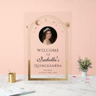 Celestial Black Gold Quinceañera Birthday Welcome  Acrylic Sign