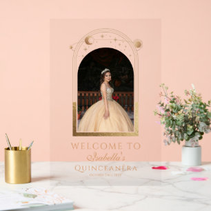 Celestial Black Gold Quinceañera Birthday Welcome Acrylic Sign