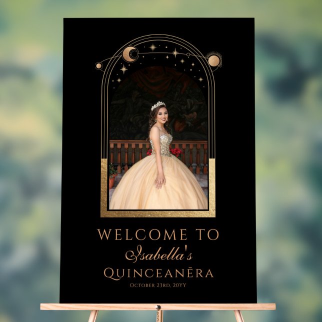 Celestial Black Gold Quinceañera Birthday Welcome Acrylic Sign (Neutral)