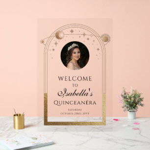 Celestial Black Gold Quinceañera Birthday Welcome  Acrylic Sign