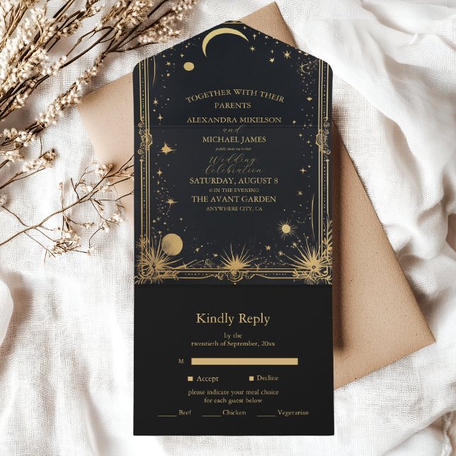 Celestial Black Gold Sun Moon Astronomy Wedding All In One Invitation (Creator Uploaded)
