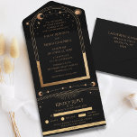 Celestial Black Gold Sun Moon Astronomy Wedding All In One Invitation<br><div class="desc">Celestial Black Gold Sun Moon Astronomy Wedding All In One Invitation features a golden sun, moon and stars with a gold frame on a black background. Inside is your custom wedding invitation information. Below is the removable RSVP card with three meal choice options for you guests to remove and return....</div>