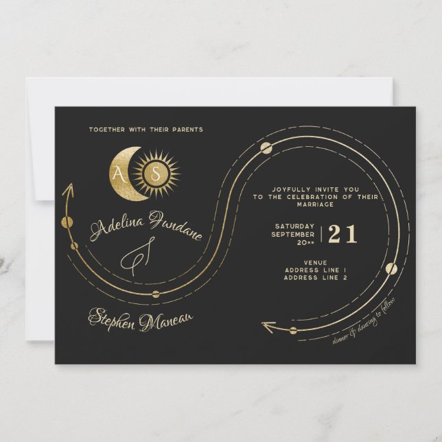 Celestial Black Gold Sun Moon Crest RSVP QR Code Invitation (Front)