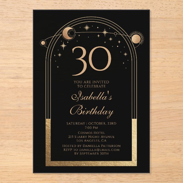 Celestial Black Gold Sun Moon Stars 30th Birthday Acrylic Invitations (Front)