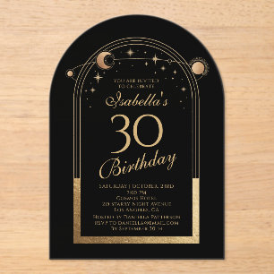 Celestial Black Gold Sun Moon Stars 30th Birthday Acrylic Invitations