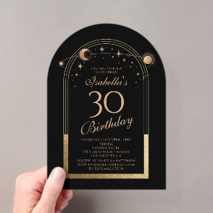 Celestial Black Gold Sun Moon Stars 30th Birthday Acrylic Invitations