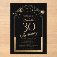 Celestial Black Gold Sun Moon Stars 30th Birthday