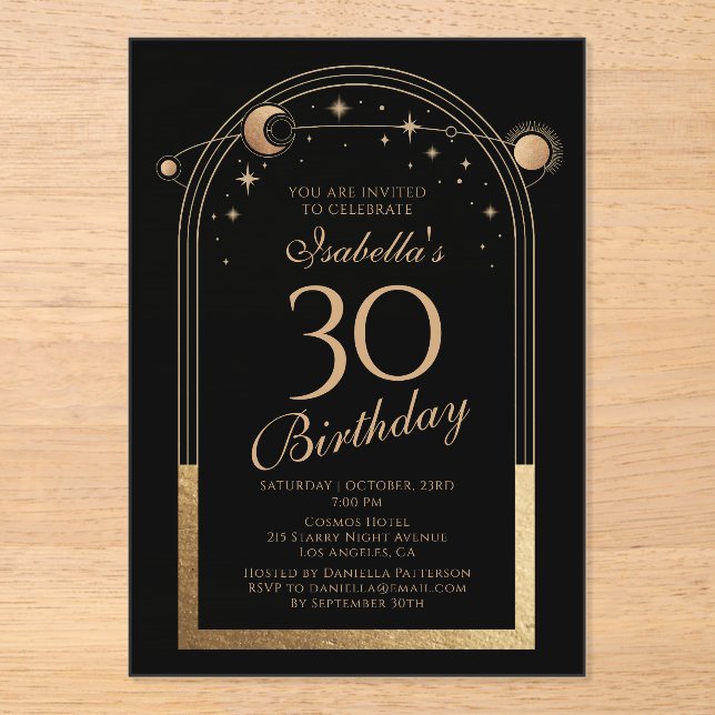 Celestial Black Gold Sun Moon Stars 30th Birthday Acrylic Invitations (Front)