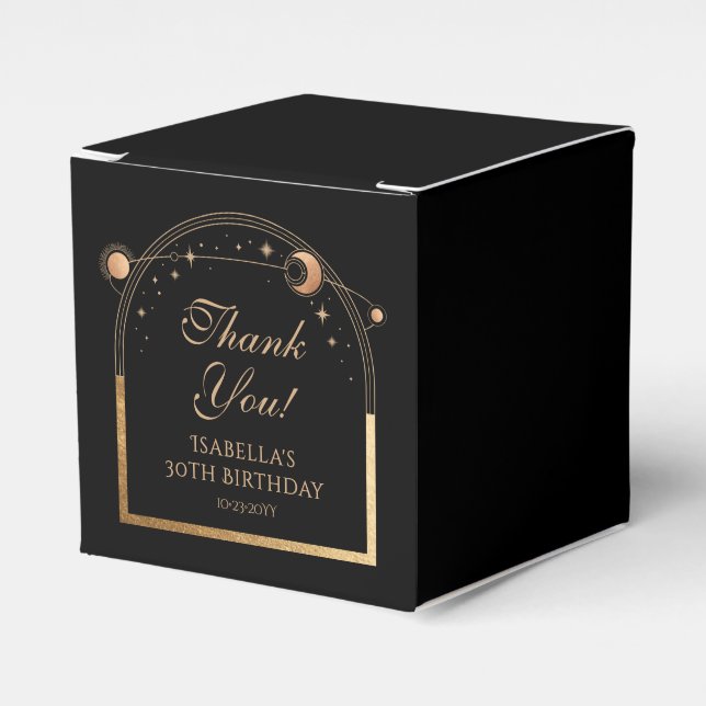 Celestial Black Gold Sun Moon Stars 30th Birthday Favor Box (Front Side)