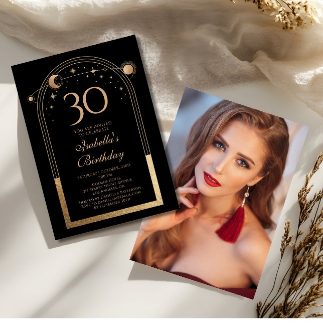 Celestial Black Gold Sun Moon Stars 30th Birthday Invitation (Creator Uploaded)