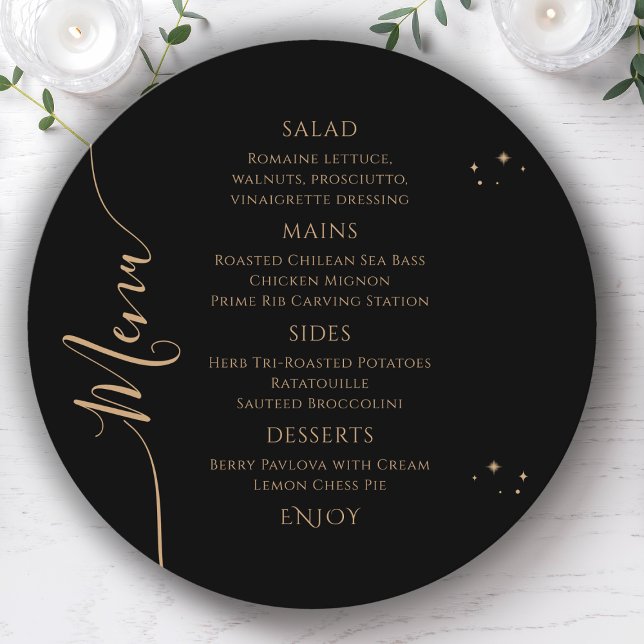 Celestial Black Gold Sun Moon Stars 30th Birthday Menu (Creator Uploaded)