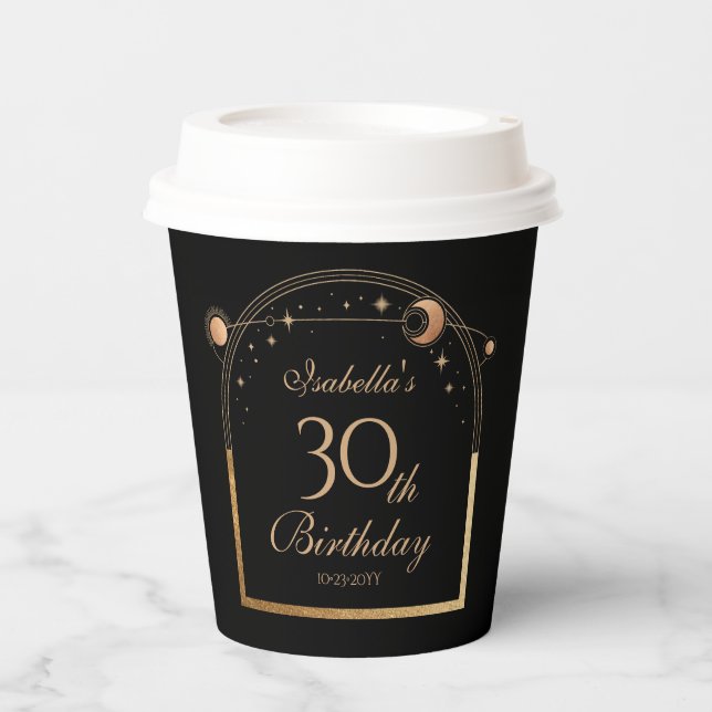Celestial Black Gold Sun Moon Stars 30th Birthday Paper Cups (Front)