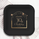 Celestial Black Gold Sun Moon Stars 30th Birthday Paper Plate<br><div class="desc">Celestial Black Gold Sun Moon Astronomy 30th Birthday Paper Plates features an elegant gold sun,  moon and stars with a golden frame on a black background. Inside is your custom thirtieth birthday information. Personalize by editing the text in the text boxes. Designed for you by Evco Studio www.zazzle.com/store/evcostudio</div>