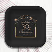 Celestial Black Gold Sun Moon Stars 30th Birthday