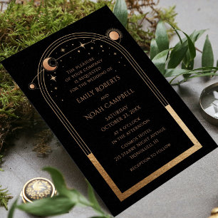 Celestial Black Gold Sun Moon Stars Photo Wedding Invitation