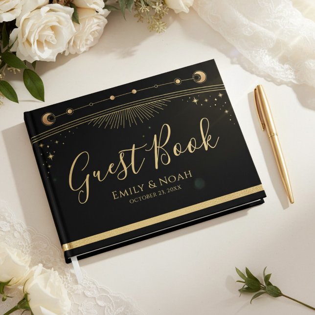 Celestial Black Gold Sun Moon Stars Wedding  Guest Book (Creator Uploaded)