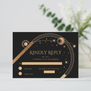 Celestial Black Gold Sun Moon Stars Wedding RSVP Card