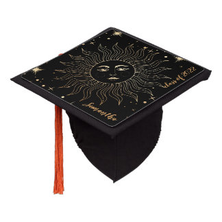Celestial Black Gold Sun Stars Universe Name Graduation Cap Topper