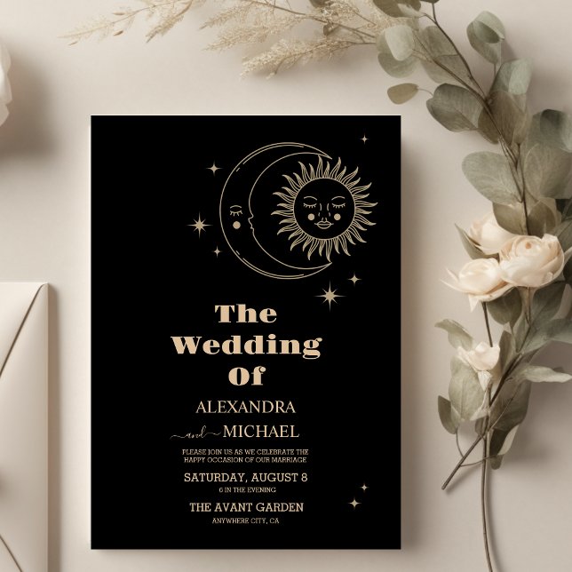 Celestial Black Golden Moon Wedding Invitation (Creator Uploaded)