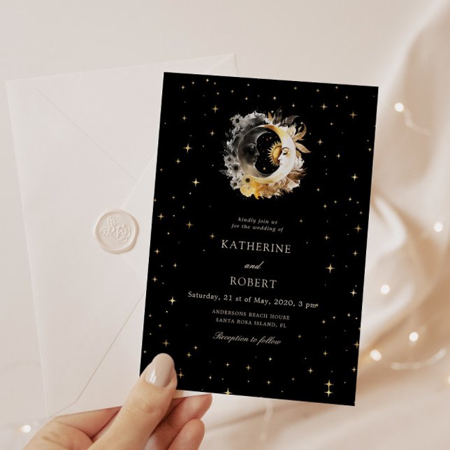 Celestial Black Golden Moon Wedding Invitation (Creator Uploaded)