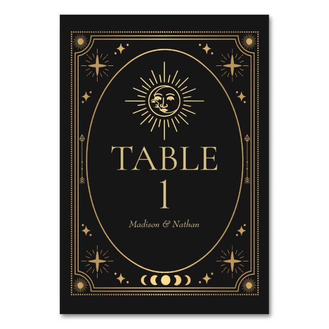 Celestial Black Gothic Tarot Wedding Table Number (Front)