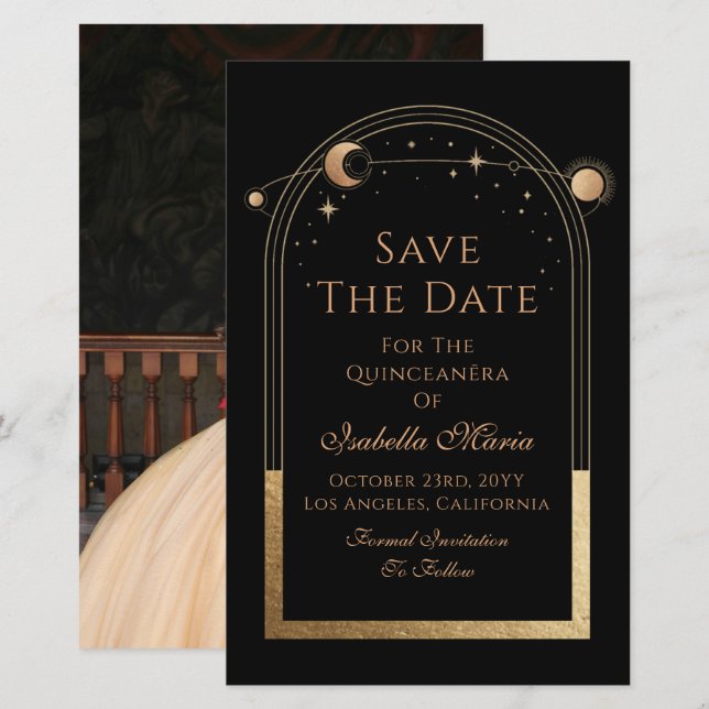 Celestial Black Save The Date Birthday Quinceanera (Front/Back)