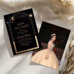 Celestial Black Save The Date Birthday Quinceanera<br><div class="desc">Celestial Black Save The Date Birthday Quinceanera Invitation features a gold sun, moon and stars frame on a black background. Inside is your custom Quinceanera save the date information and on the reverse add your favourite photo. Personalize by editing the text in the text boxes. Designed for you by ©2024...</div>